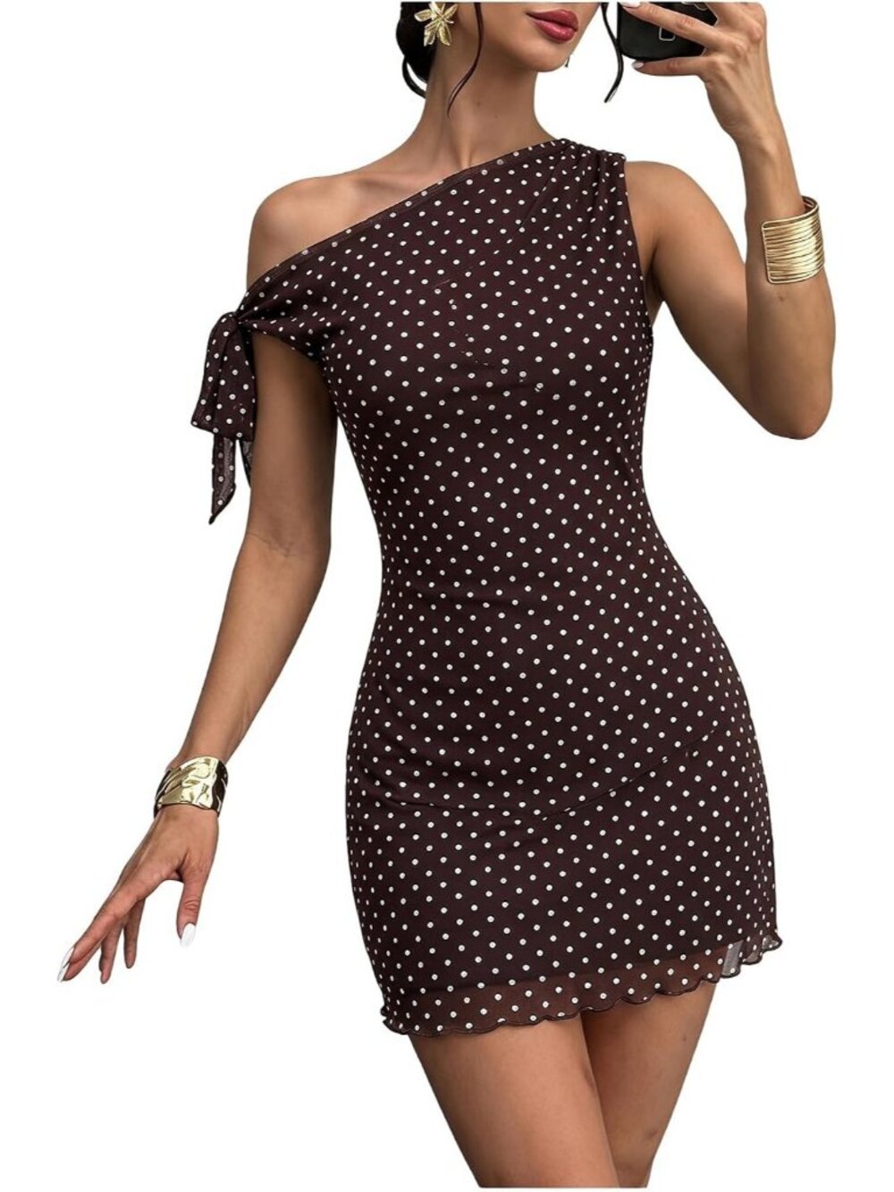 Women's Brown Polka Floral One Shoulder Asymmetrical Wedding Bodycon Mini Dress